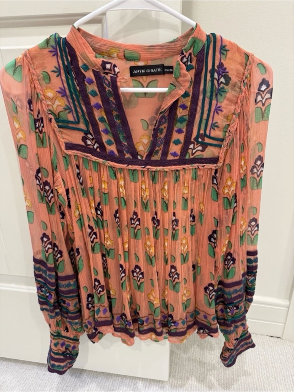 ANTIK BATIK Peach Floral Boho top XS